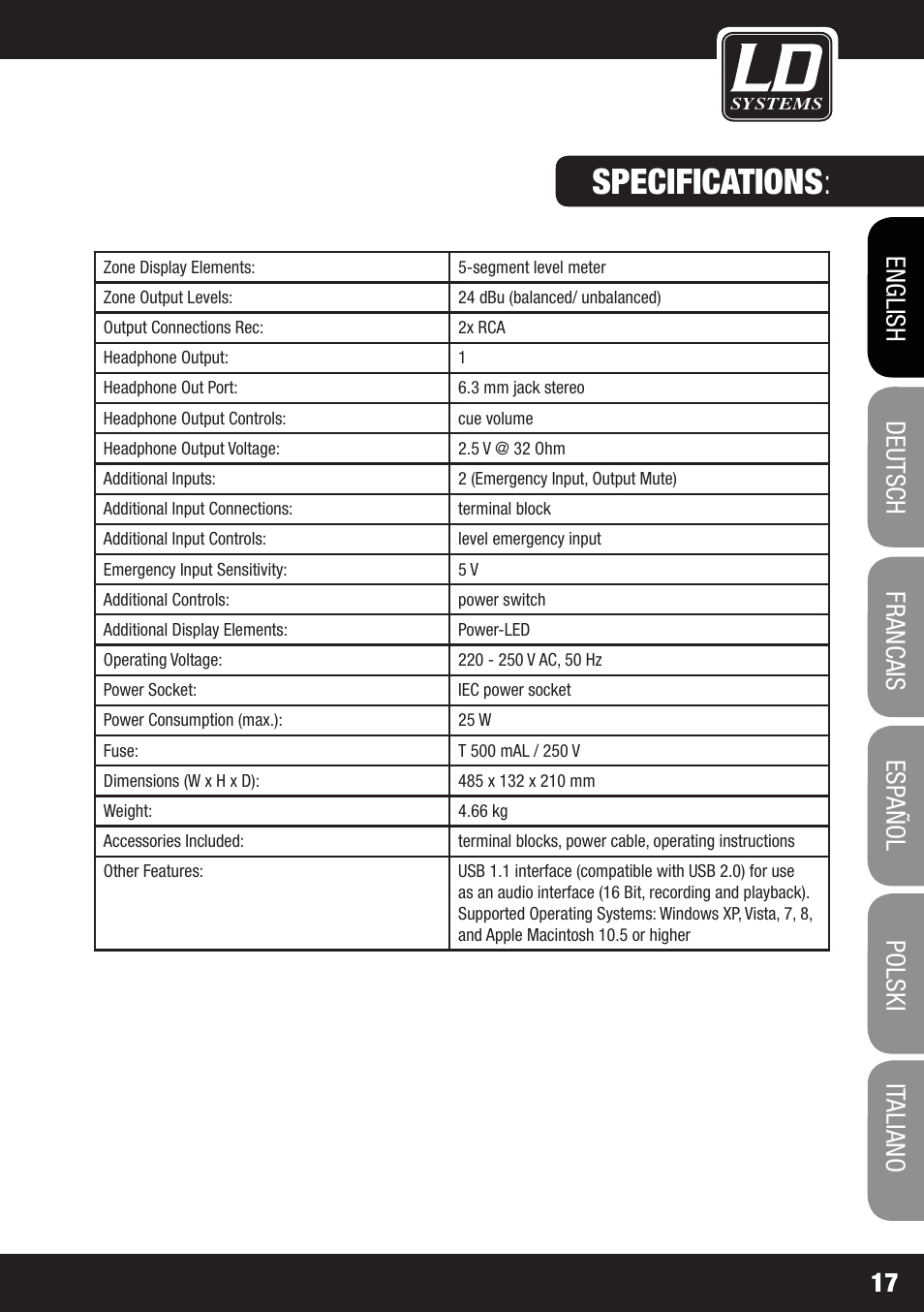 Specifications | LD Systems ZONE 624 User Manual | Page 17 / 124