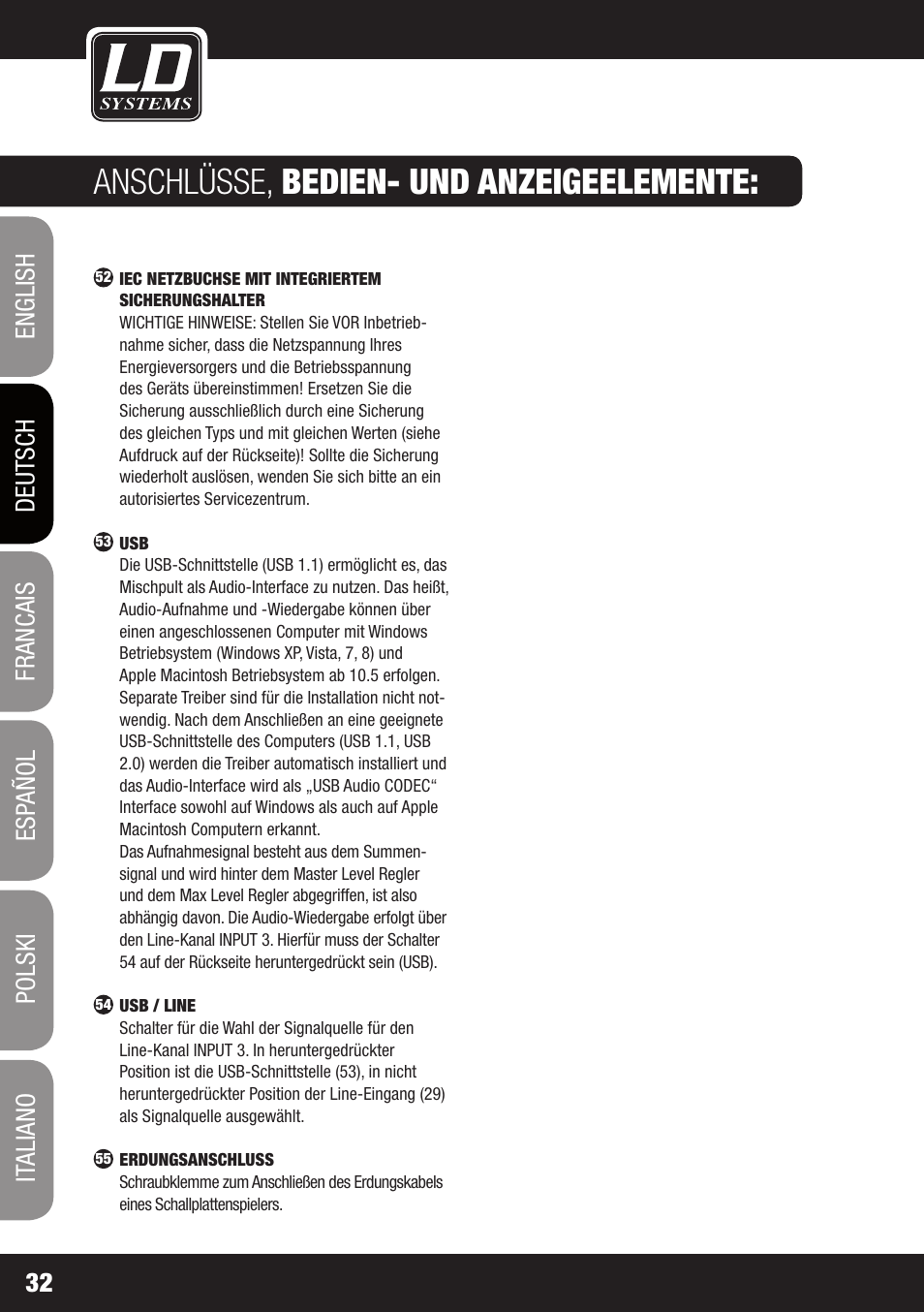 Anschlüsse, bedien- und anzeigeelemente | LD Systems ZONE 624 User Manual | Page 32 / 124