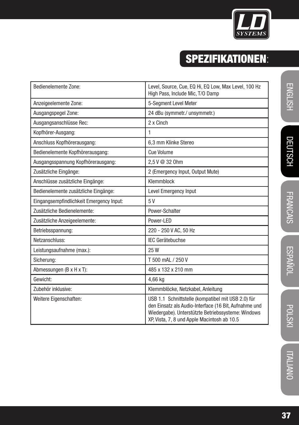 Spezifikationen | LD Systems ZONE 624 User Manual | Page 37 / 124