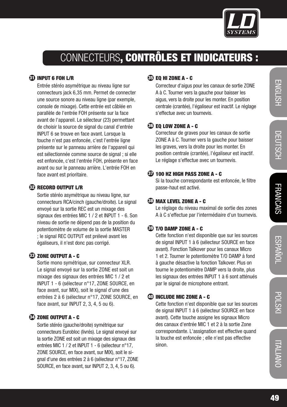 Connecteurs , contrôles et indicateurs | LD Systems ZONE 624 User Manual | Page 49 / 124