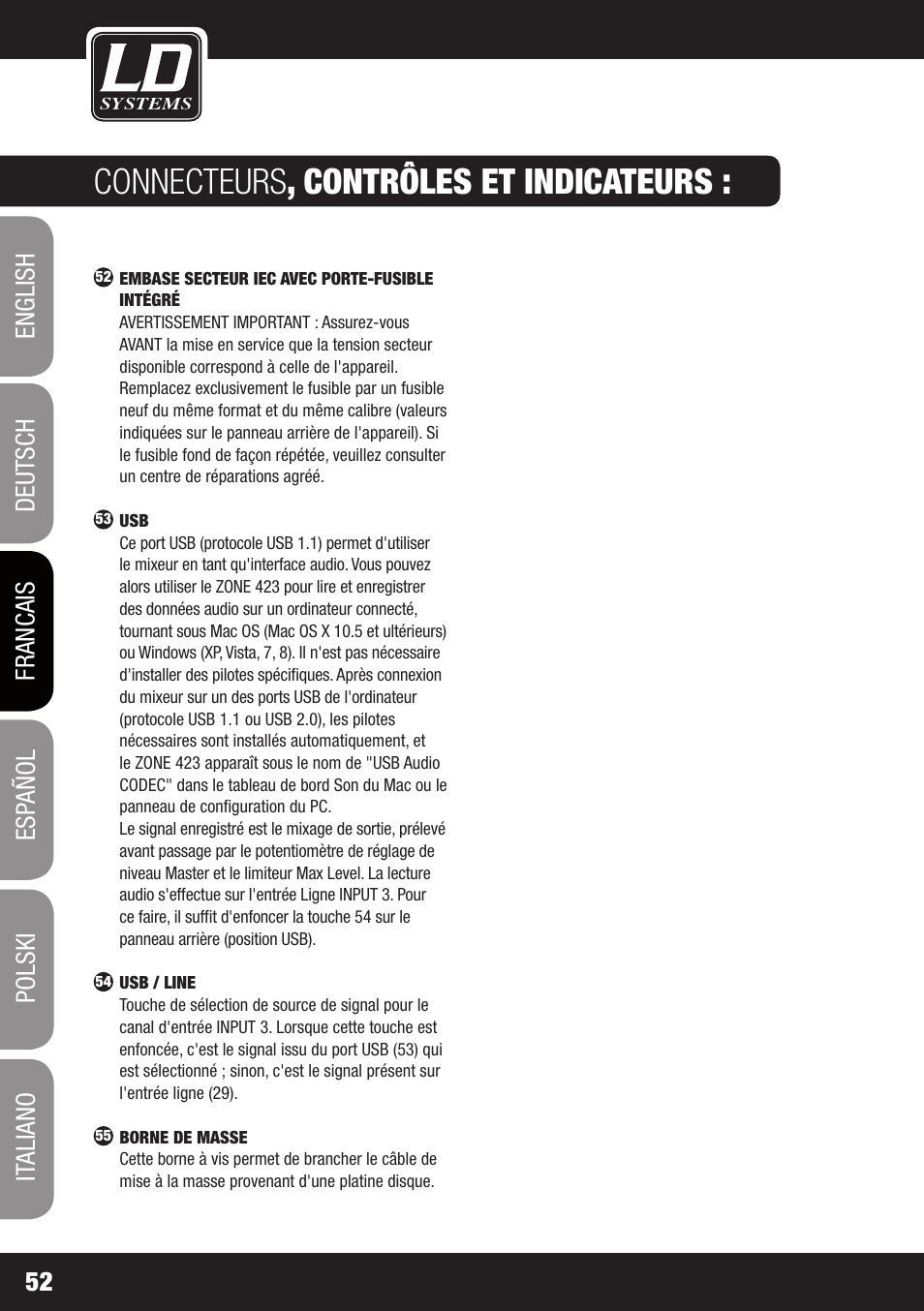 Connecteurs , contrôles et indicateurs | LD Systems ZONE 624 User Manual | Page 52 / 124