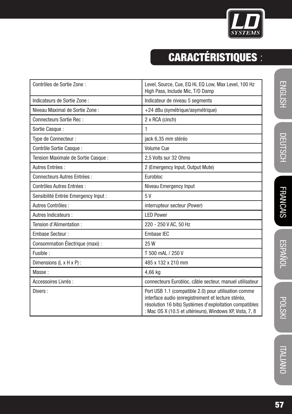 Caractéristiques | LD Systems ZONE 624 User Manual | Page 57 / 124