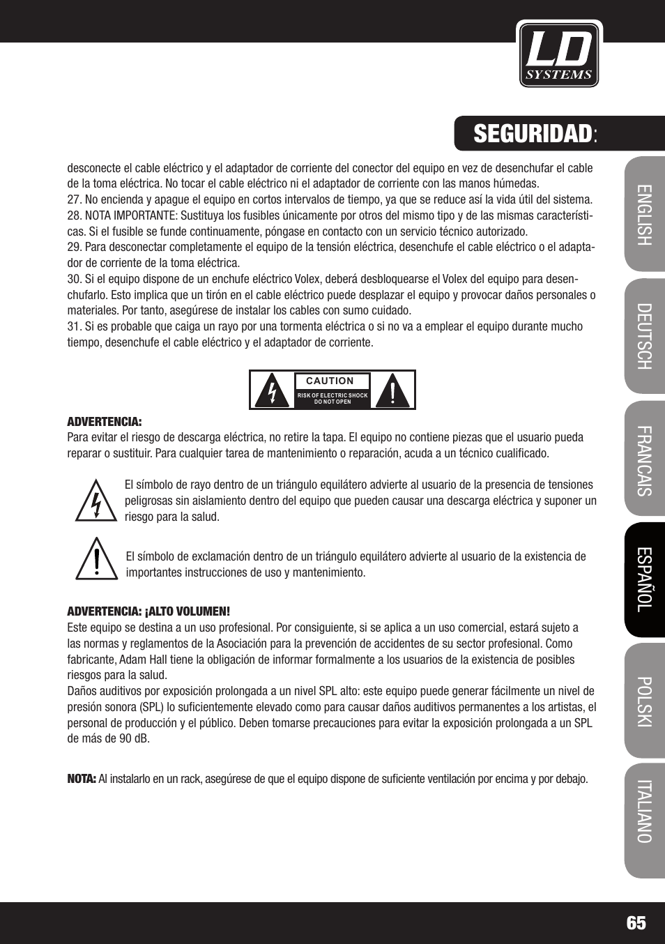 Seguridad | LD Systems ZONE 624 User Manual | Page 65 / 124
