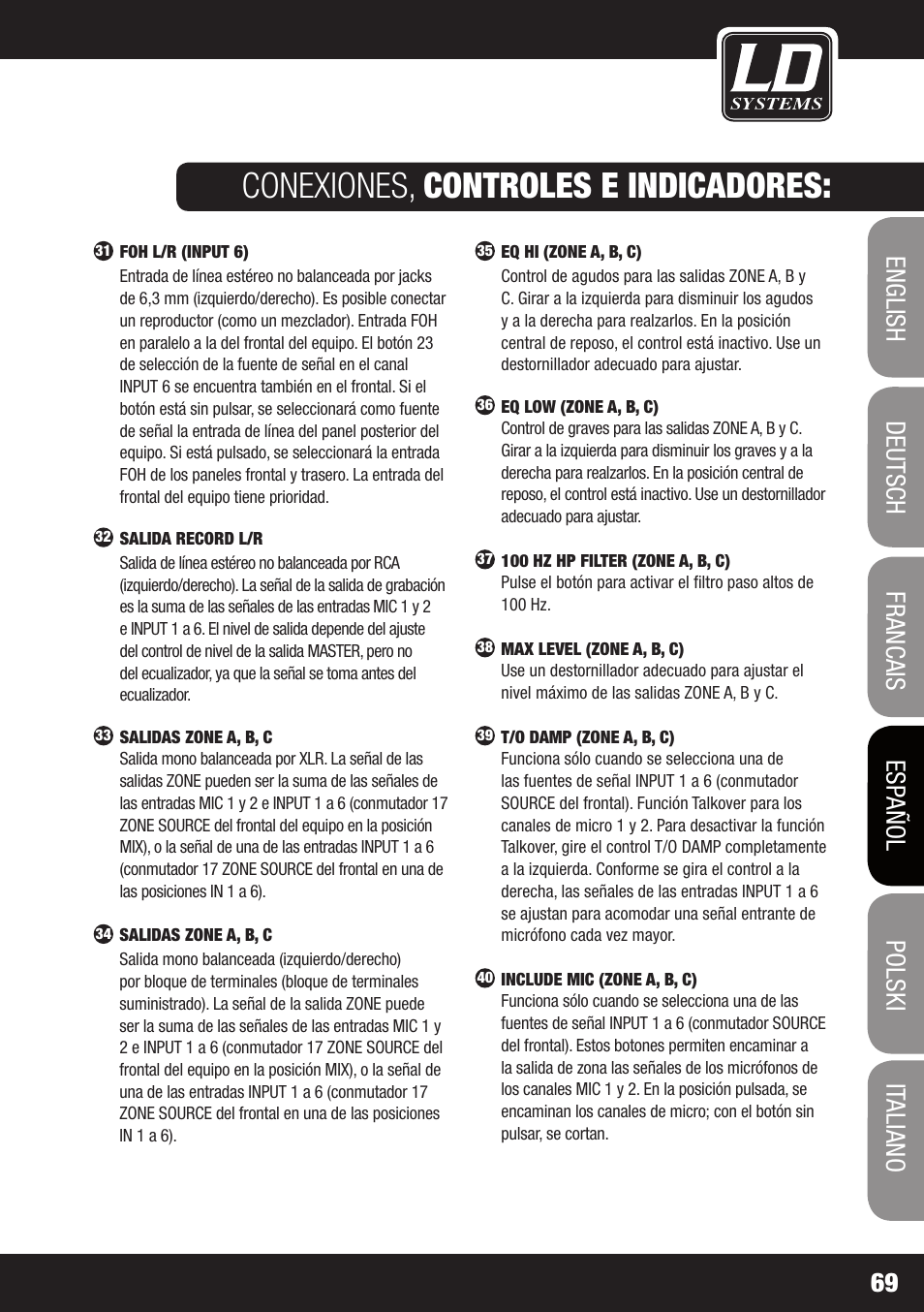 Conexiones, controles e indicadores | LD Systems ZONE 624 User Manual | Page 69 / 124