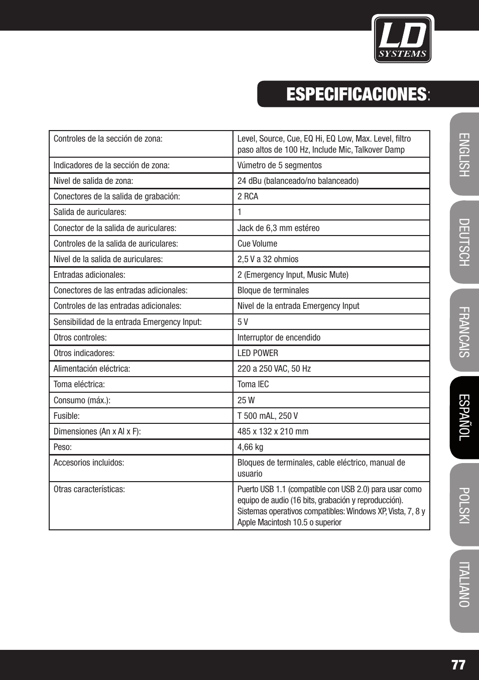 Especificaciones | LD Systems ZONE 624 User Manual | Page 77 / 124