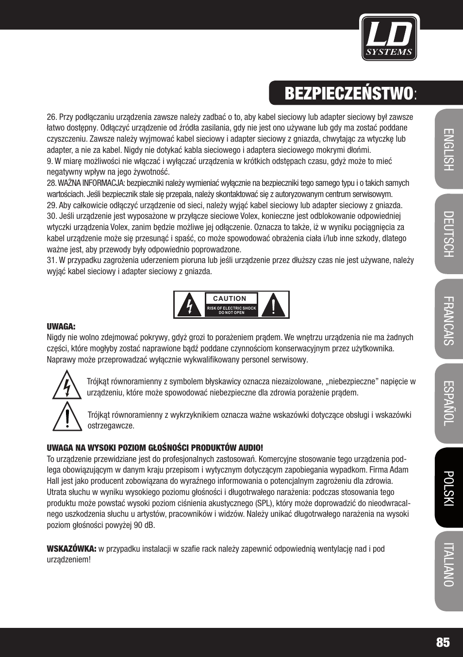 Bezpieczeństwo | LD Systems ZONE 624 User Manual | Page 85 / 124