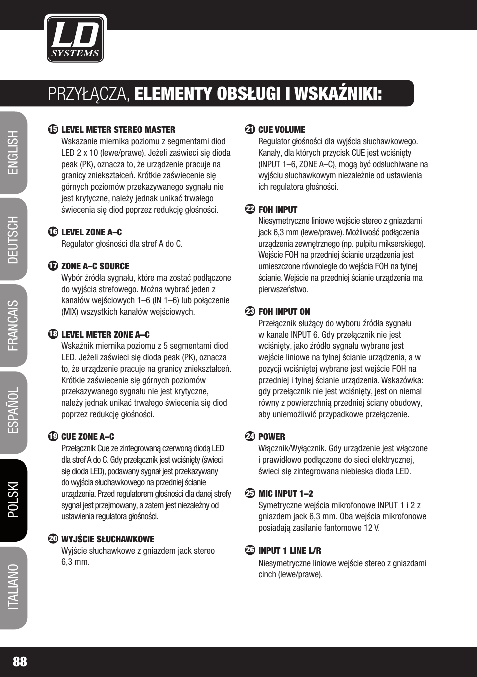 Przyłącza, elementy obsługi i wskaźniki | LD Systems ZONE 624 User Manual | Page 88 / 124