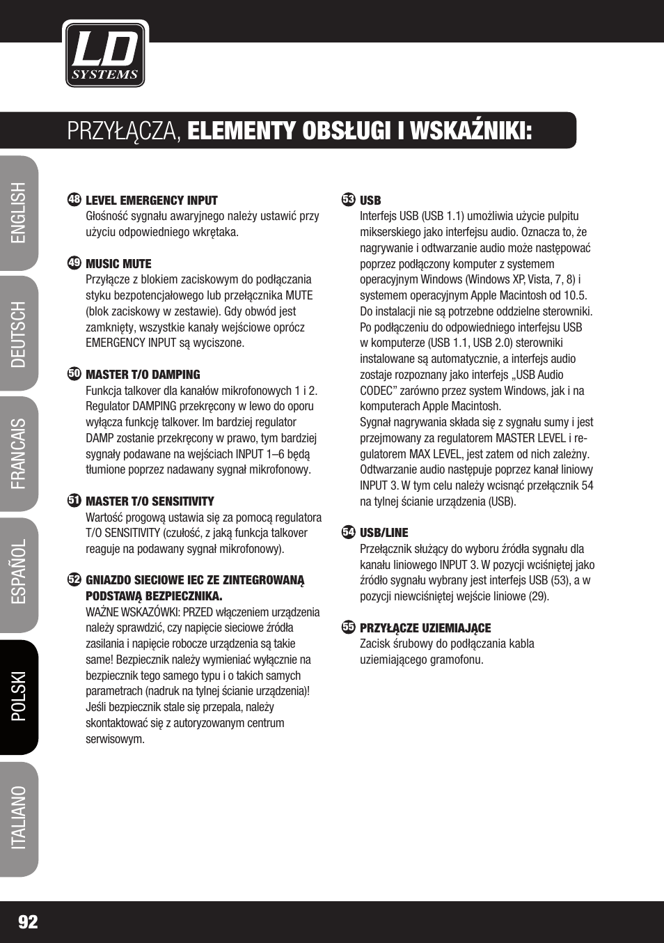Przyłącza, elementy obsługi i wskaźniki | LD Systems ZONE 624 User Manual | Page 92 / 124