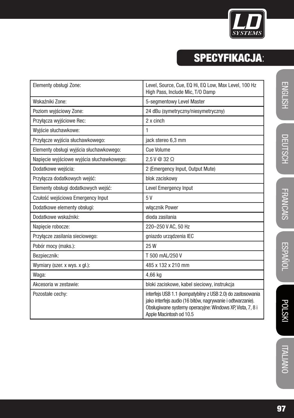 Specyfikacja | LD Systems ZONE 624 User Manual | Page 97 / 124