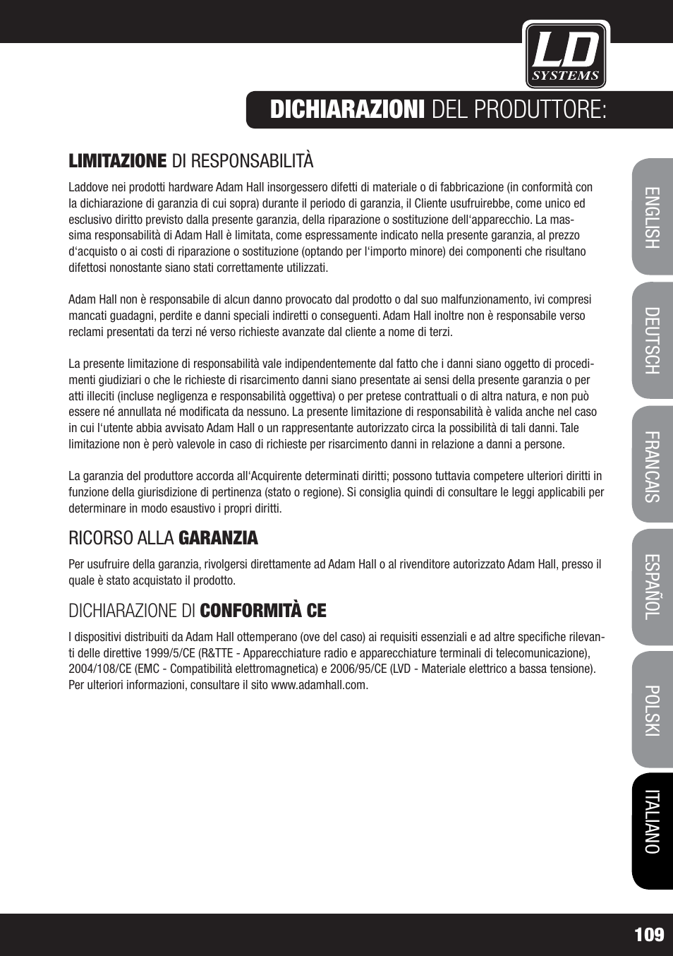 Dichiarazioni del produttore | LD Systems MS 828 User Manual | Page 109 / 112