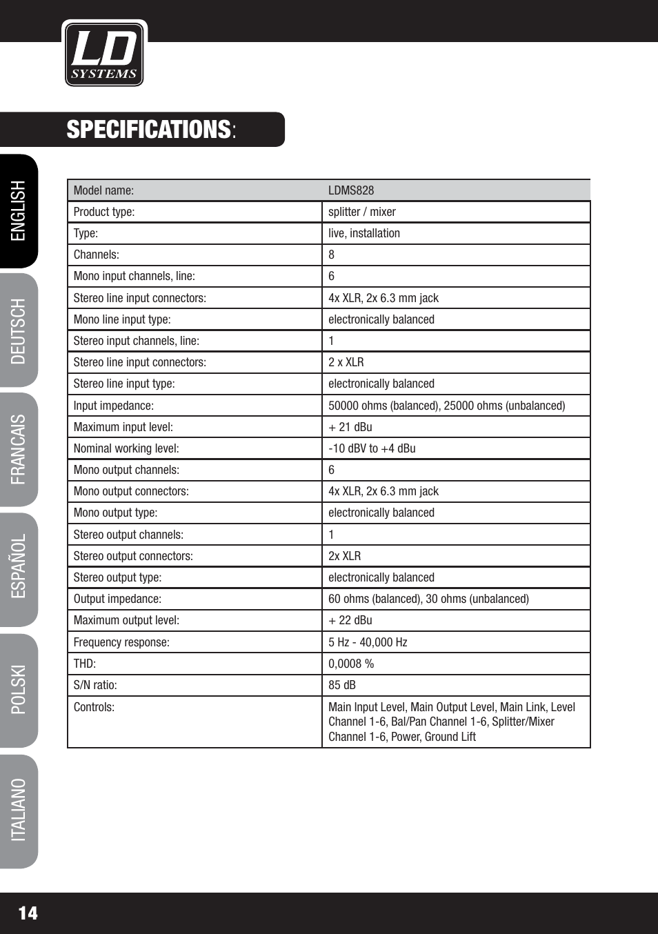 Specifications | LD Systems MS 828 User Manual | Page 14 / 112