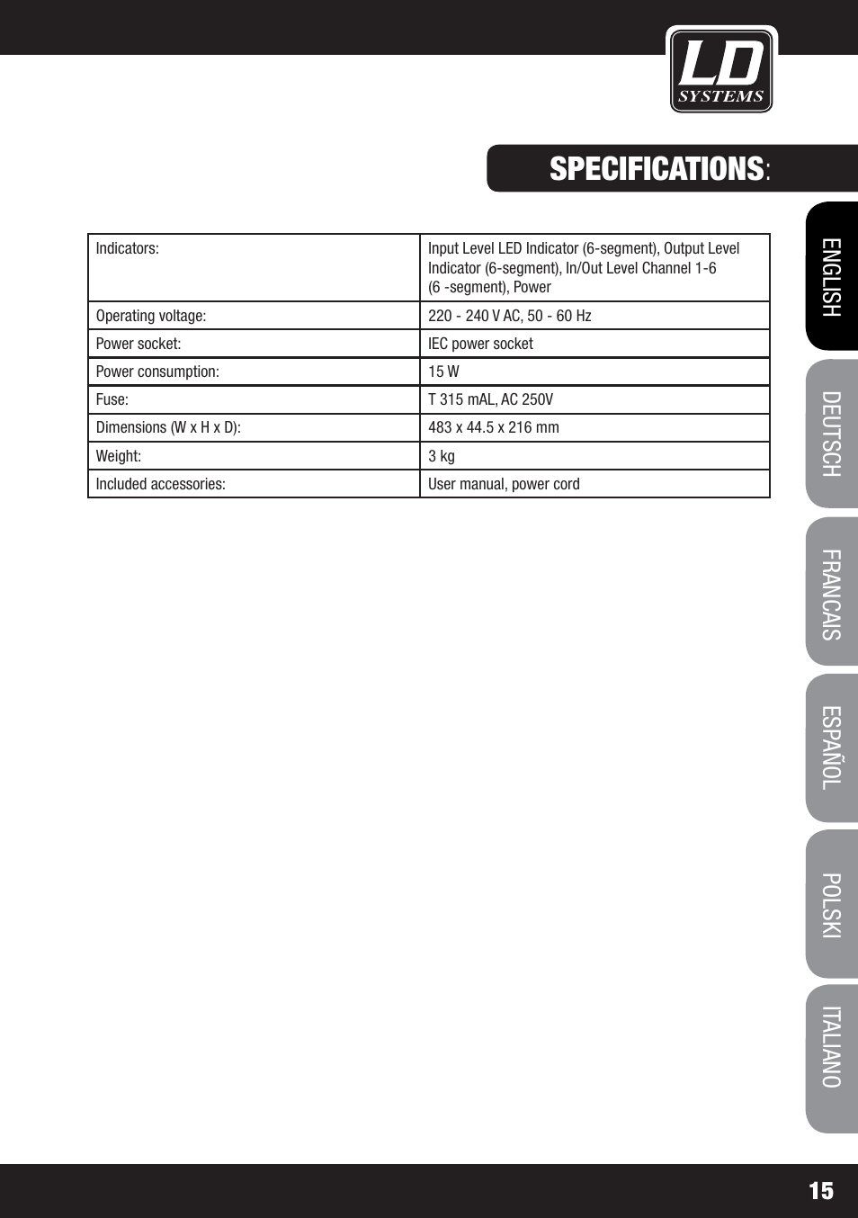 Specifications | LD Systems MS 828 User Manual | Page 15 / 112