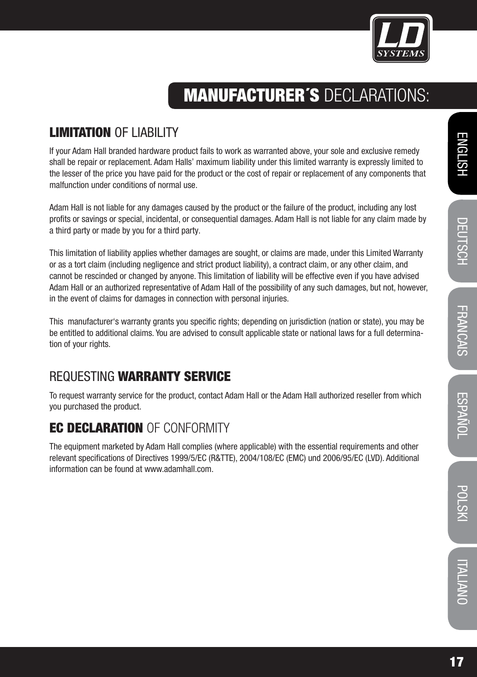 Manufacturer´s declarations | LD Systems MS 828 User Manual | Page 17 / 112