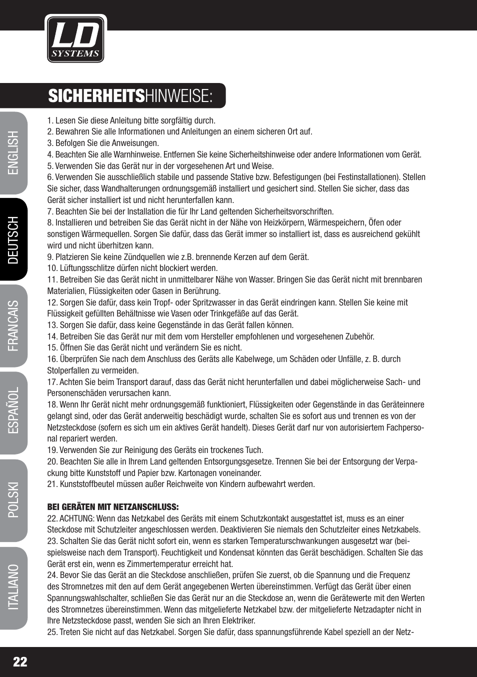 Sicherheits hinweise | LD Systems MS 828 User Manual | Page 22 / 112