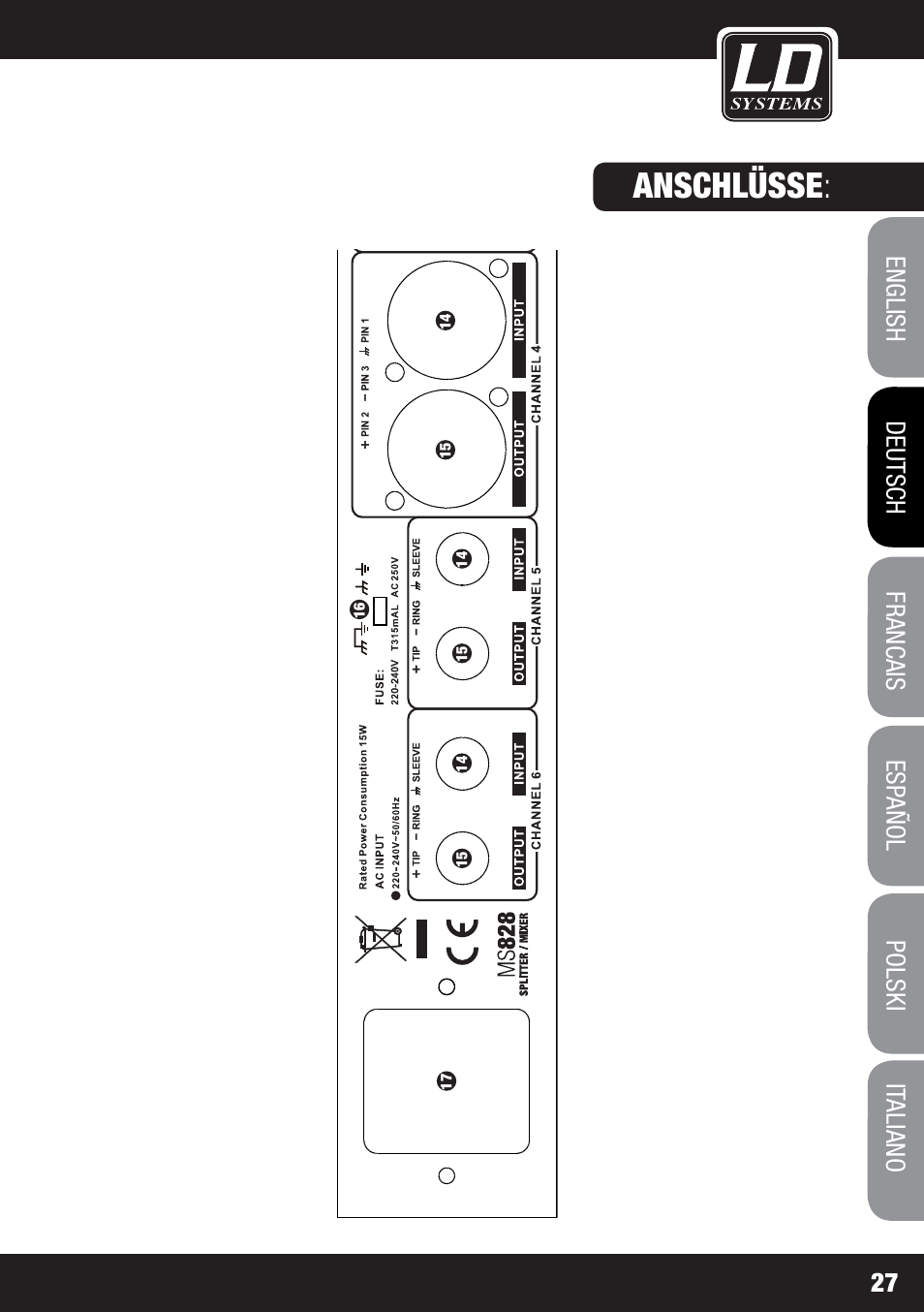 Anschlüsse | LD Systems MS 828 User Manual | Page 27 / 112