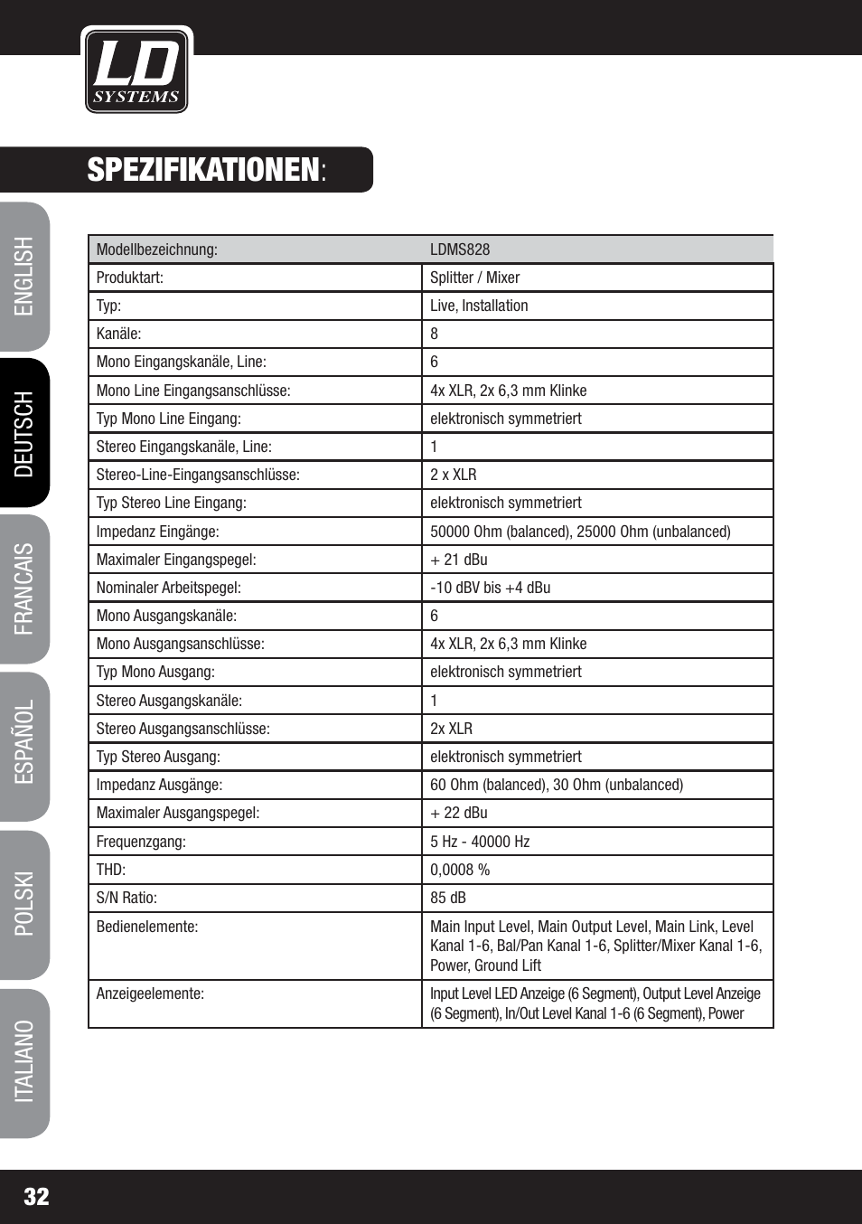 Spezifikationen | LD Systems MS 828 User Manual | Page 32 / 112