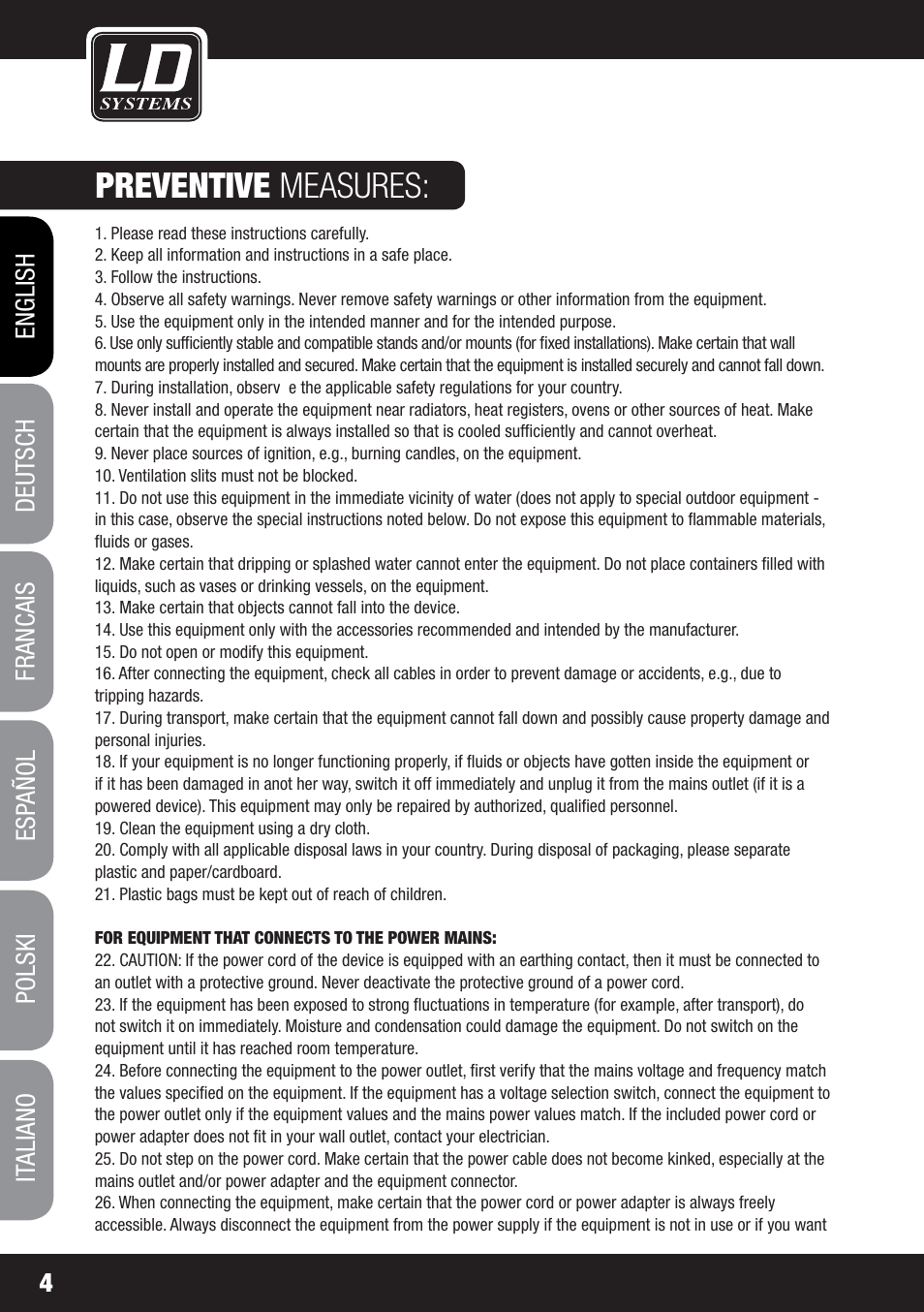 Preventive measures | LD Systems MS 828 User Manual | Page 4 / 112