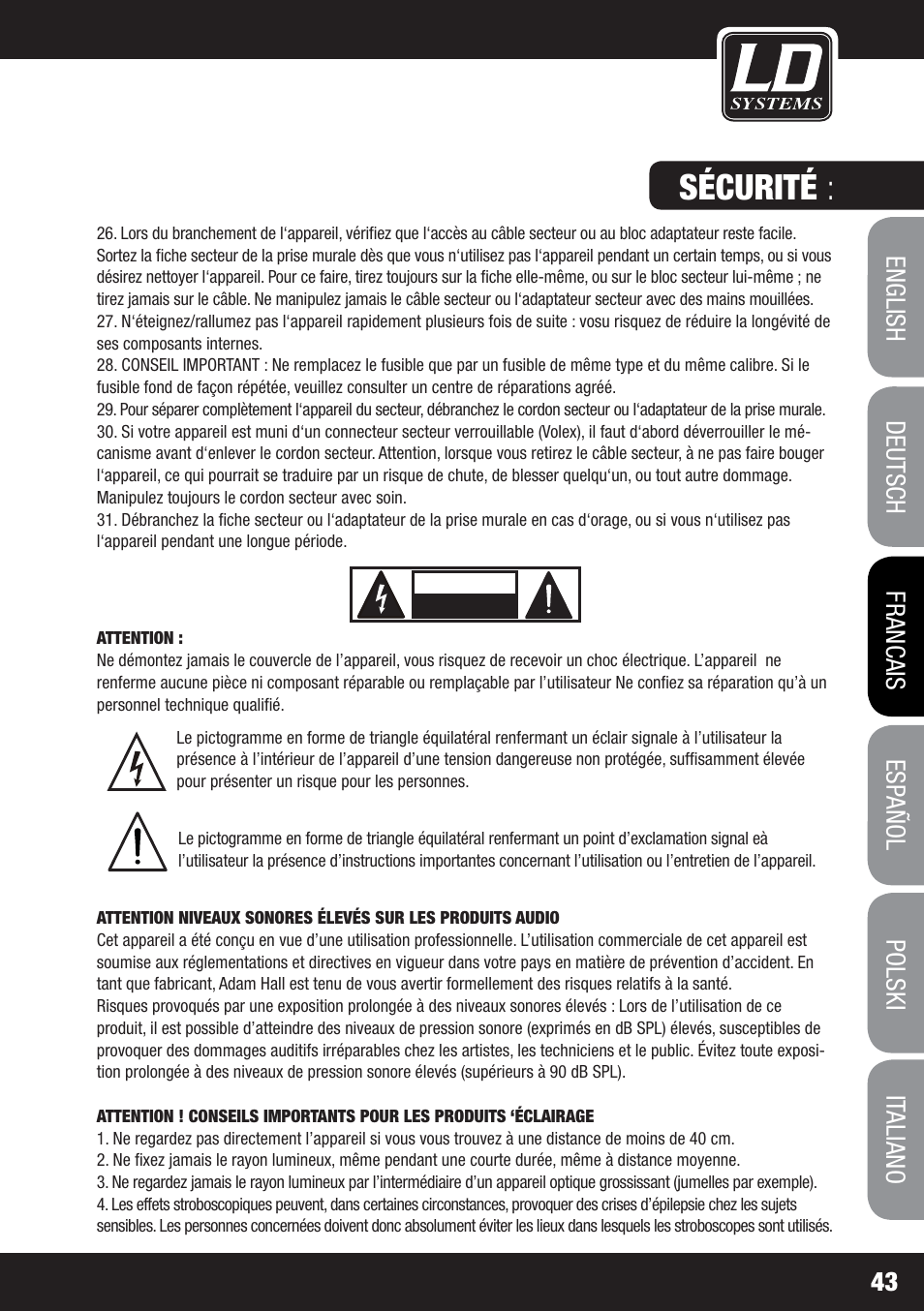 Sécurité | LD Systems MS 828 User Manual | Page 43 / 112