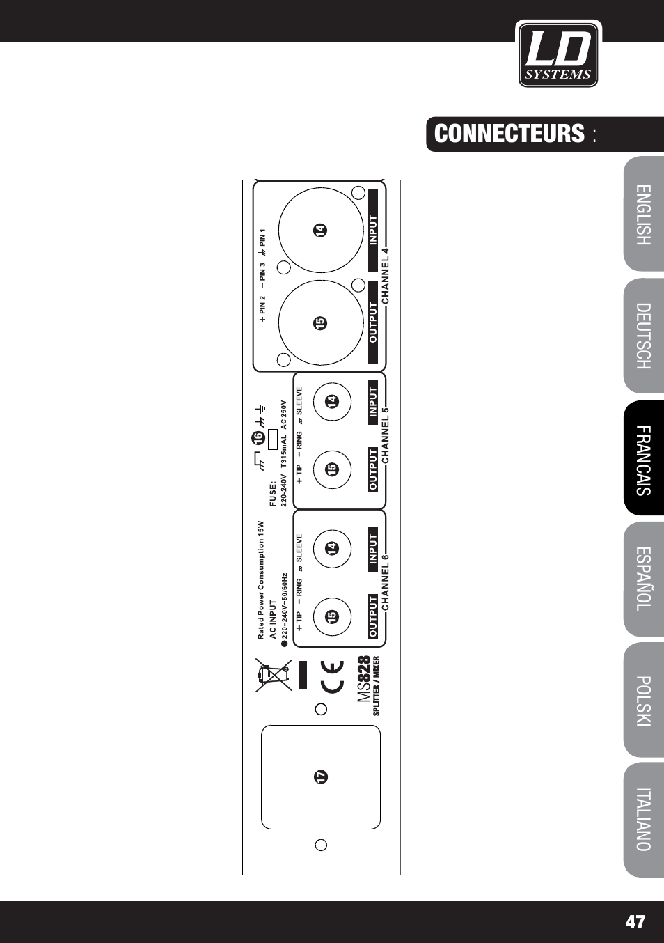 Connecteurs | LD Systems MS 828 User Manual | Page 47 / 112