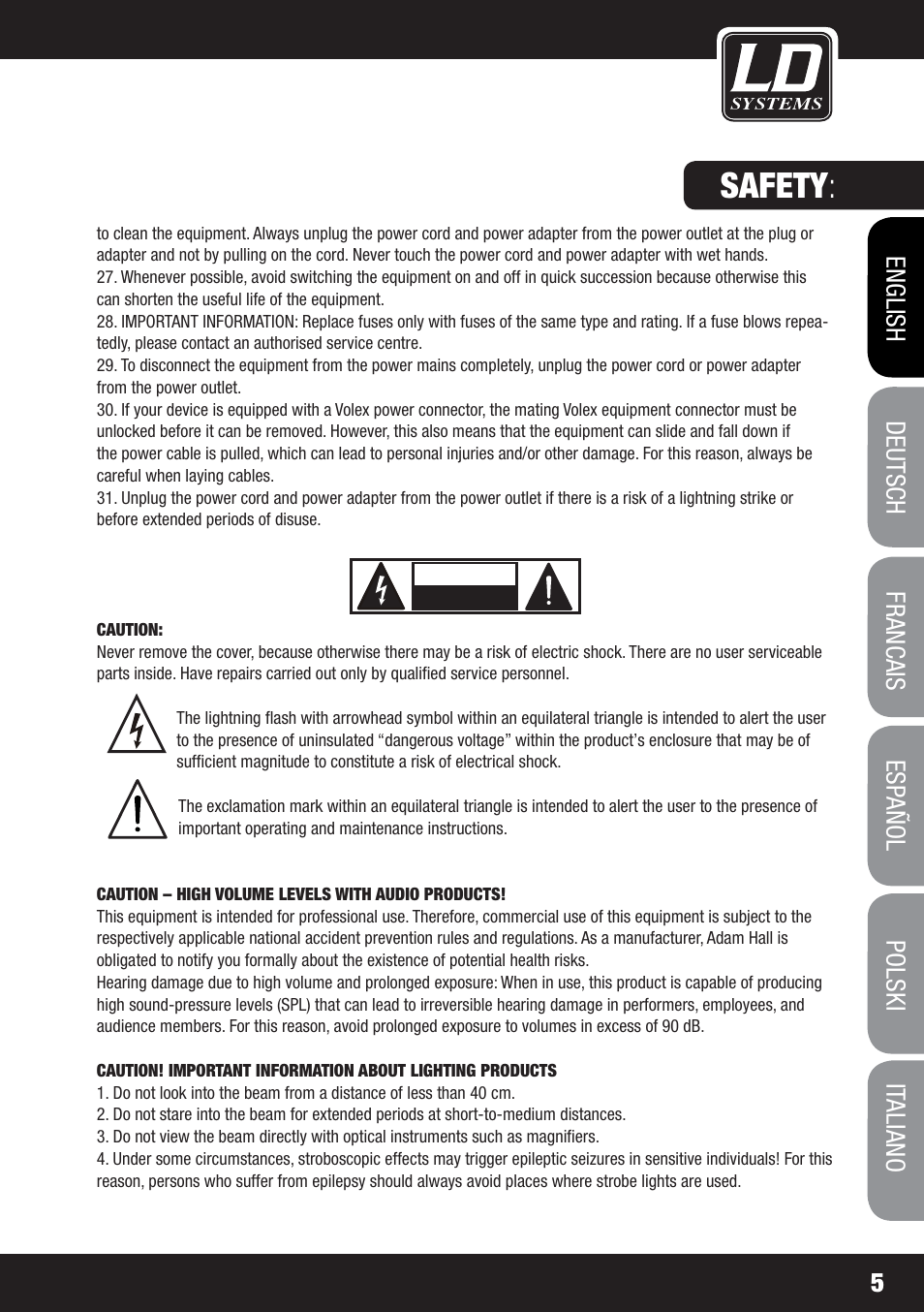 Safety | LD Systems MS 828 User Manual | Page 5 / 112