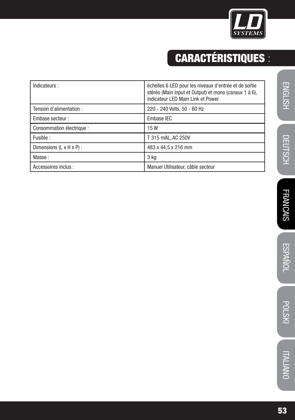 Caractéristiques | LD Systems MS 828 User Manual | Page 53 / 112