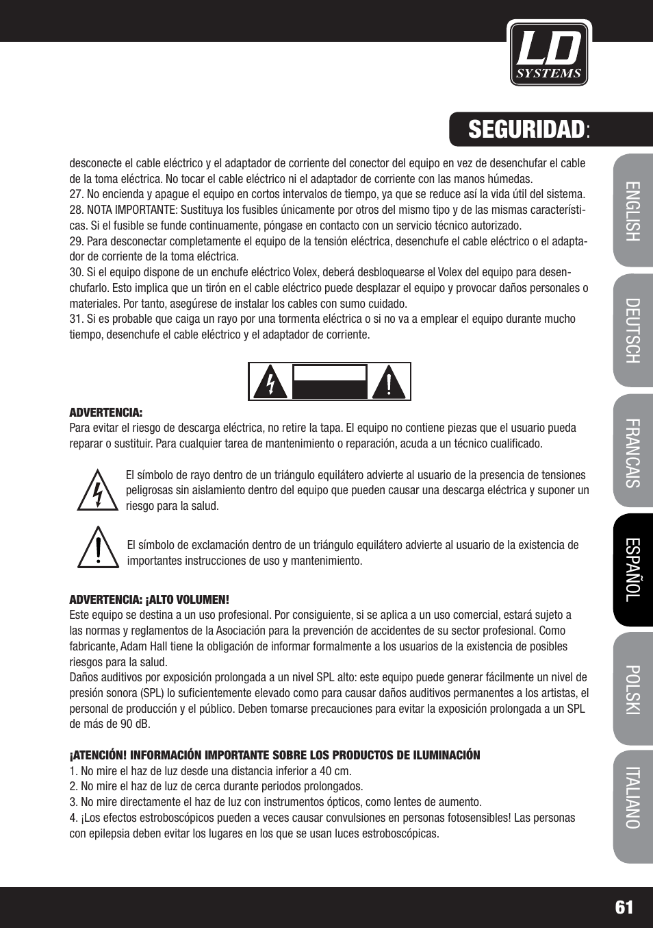 Seguridad | LD Systems MS 828 User Manual | Page 61 / 112