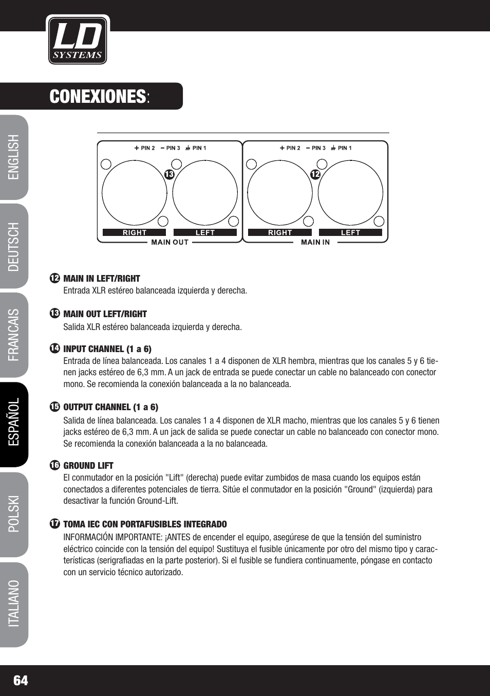 Conexiones | LD Systems MS 828 User Manual | Page 64 / 112