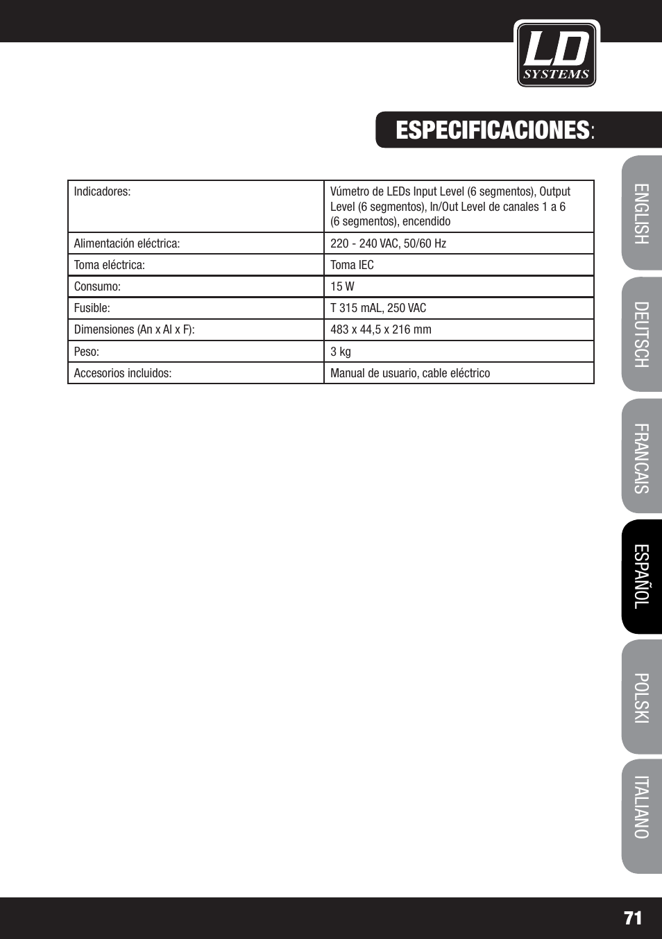 Especificaciones | LD Systems MS 828 User Manual | Page 71 / 112