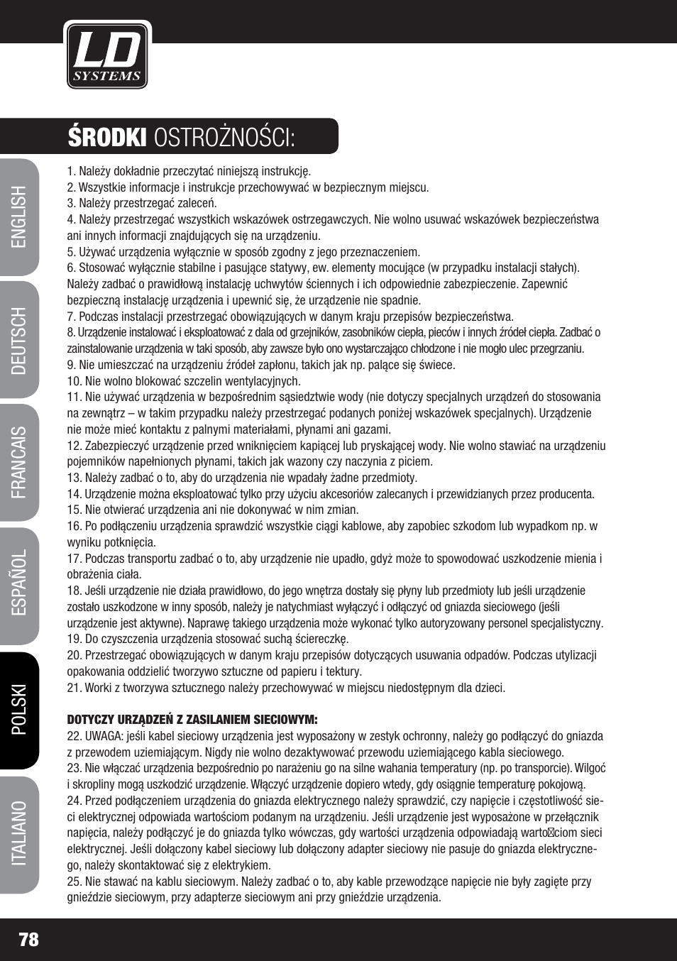 Środki ostrożności | LD Systems MS 828 User Manual | Page 78 / 112