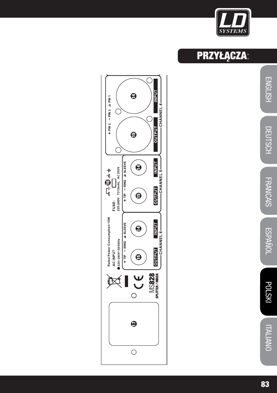 Przyłącza | LD Systems MS 828 User Manual | Page 83 / 112