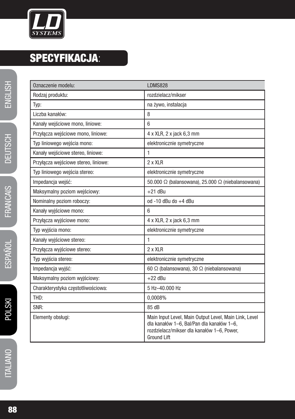 Specyfikacja | LD Systems MS 828 User Manual | Page 88 / 112