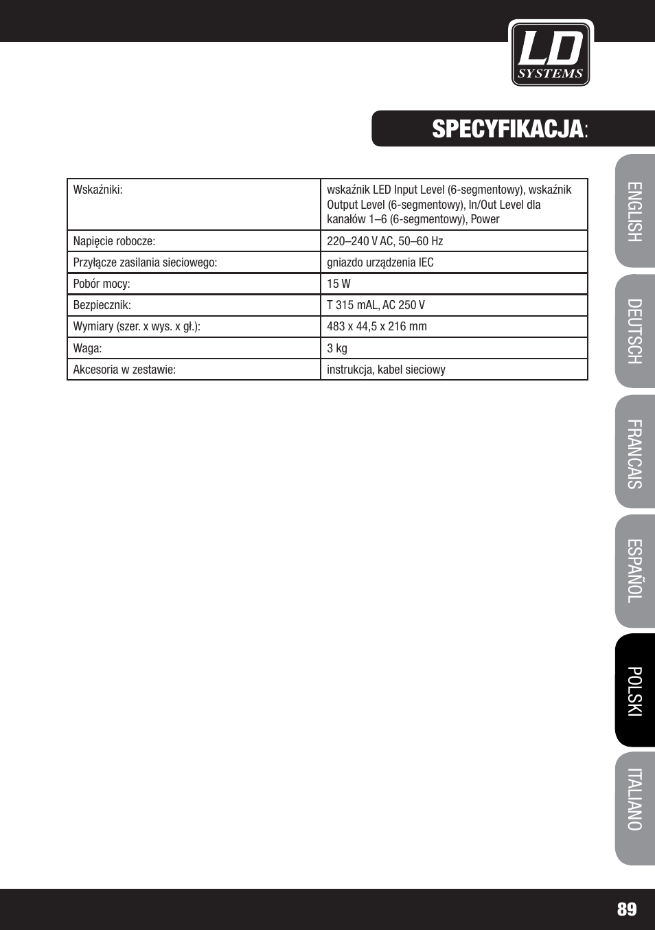 Specyfikacja | LD Systems MS 828 User Manual | Page 89 / 112