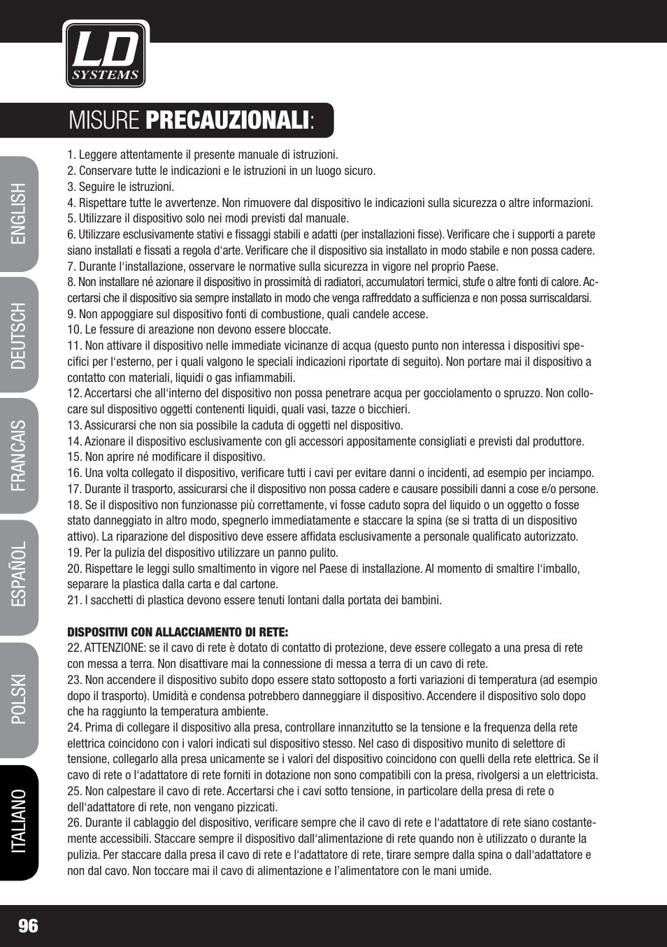 Misure precauzionali | LD Systems MS 828 User Manual | Page 96 / 112