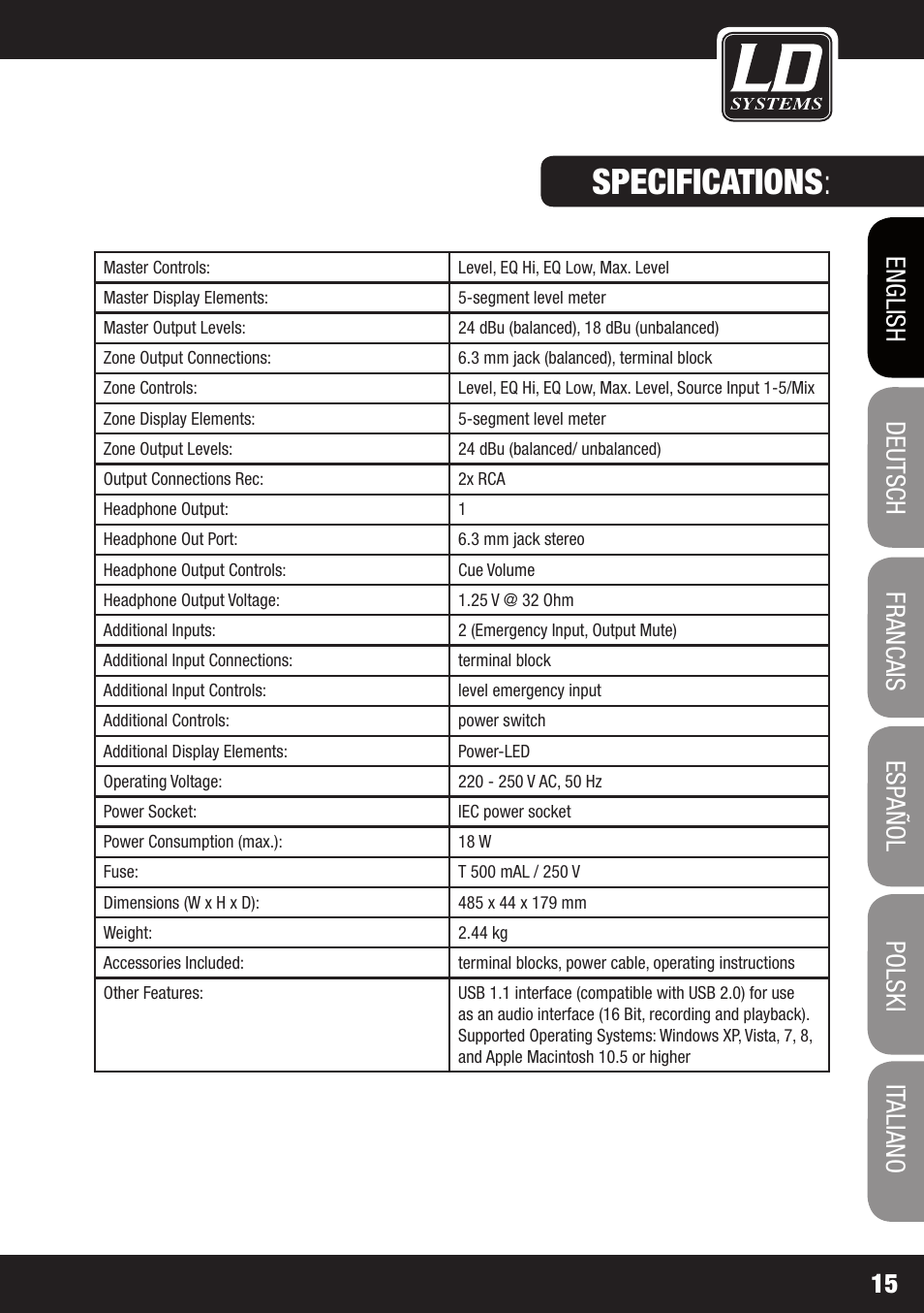 Specifications | LD Systems ZONE 622 User Manual | Page 15 / 112