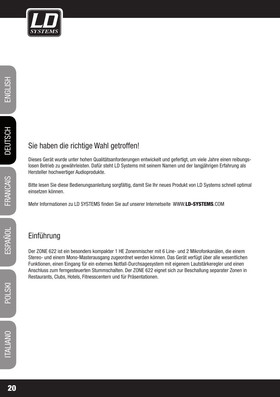 LD Systems ZONE 622 User Manual | Page 20 / 112