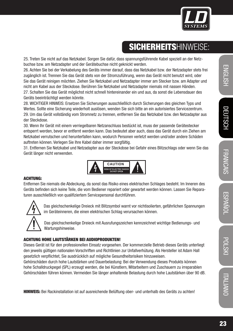 Sicherheits hinweise | LD Systems ZONE 622 User Manual | Page 23 / 112