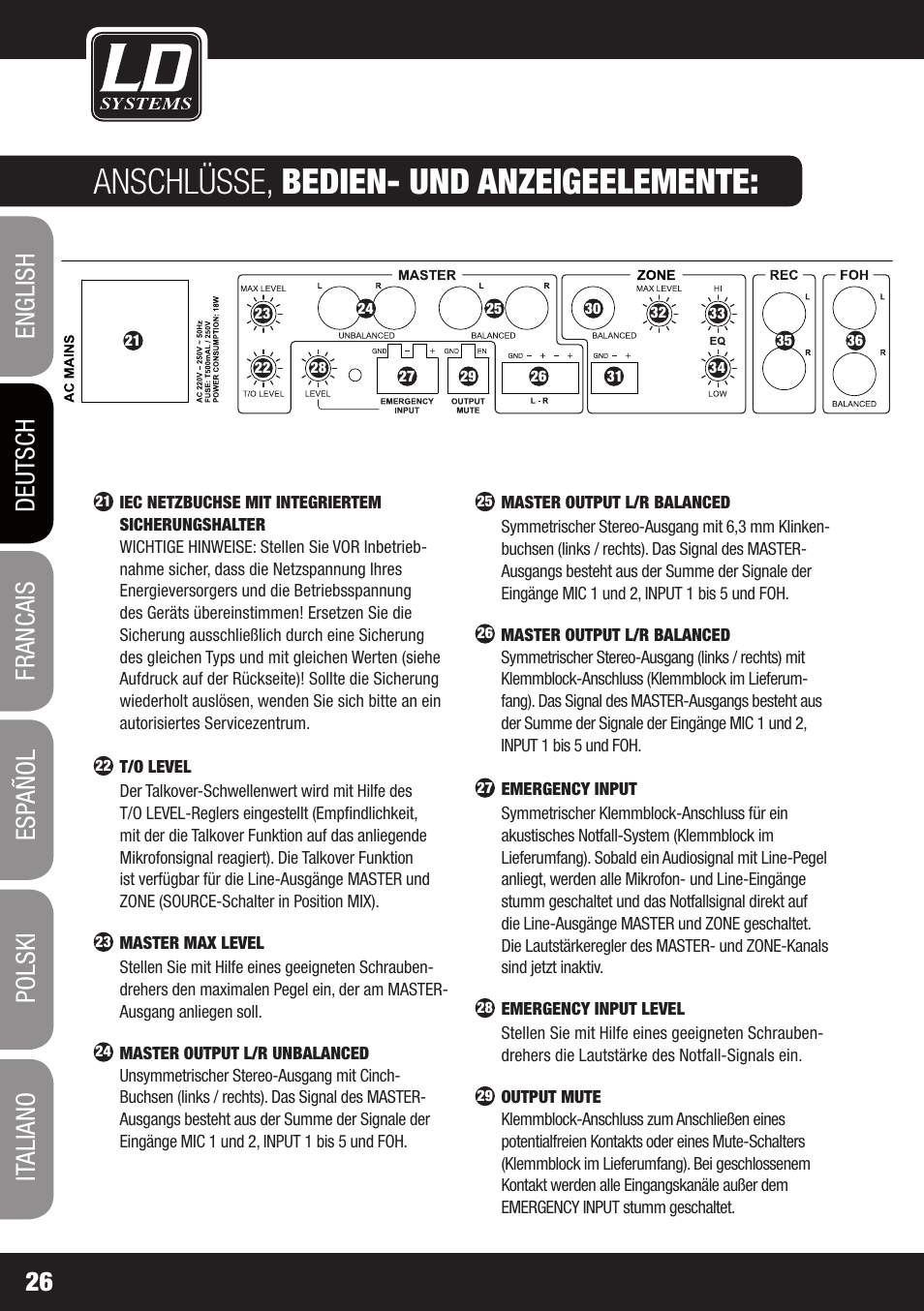 Anschlüsse, bedien- und anzeigeelemente | LD Systems ZONE 622 User Manual | Page 26 / 112