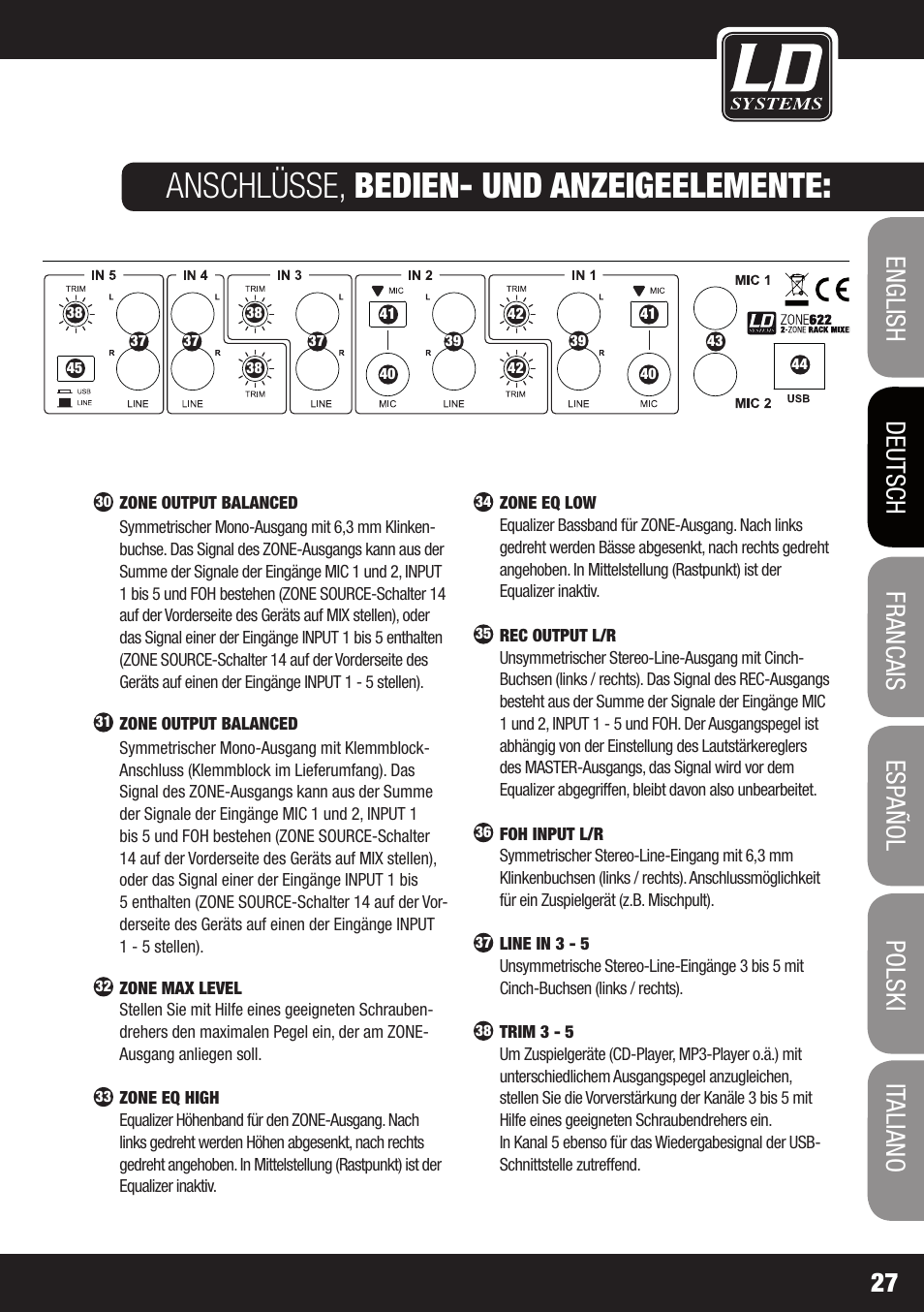 Anschlüsse, bedien- und anzeigeelemente | LD Systems ZONE 622 User Manual | Page 27 / 112