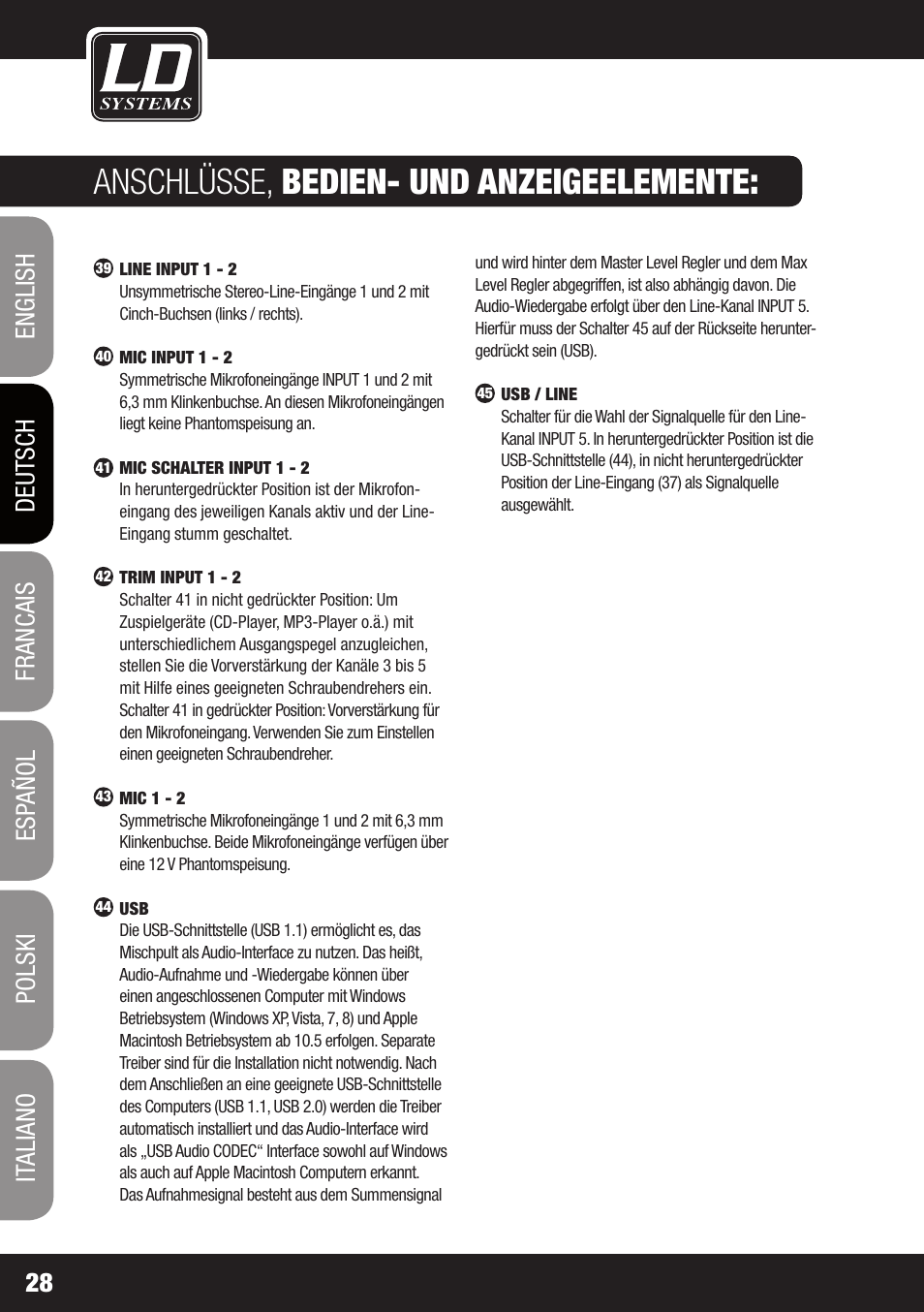 Anschlüsse, bedien- und anzeigeelemente | LD Systems ZONE 622 User Manual | Page 28 / 112
