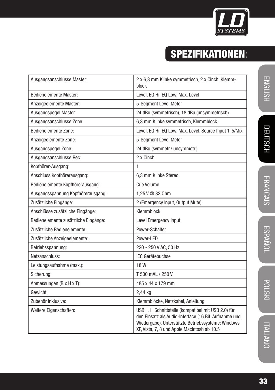 Spezifikationen | LD Systems ZONE 622 User Manual | Page 33 / 112