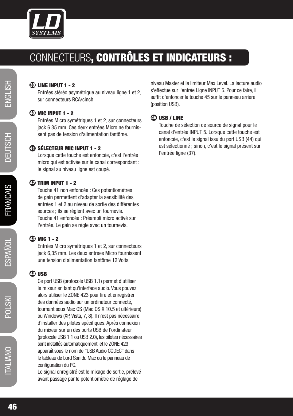 Connecteurs , contrôles et indicateurs | LD Systems ZONE 622 User Manual | Page 46 / 112