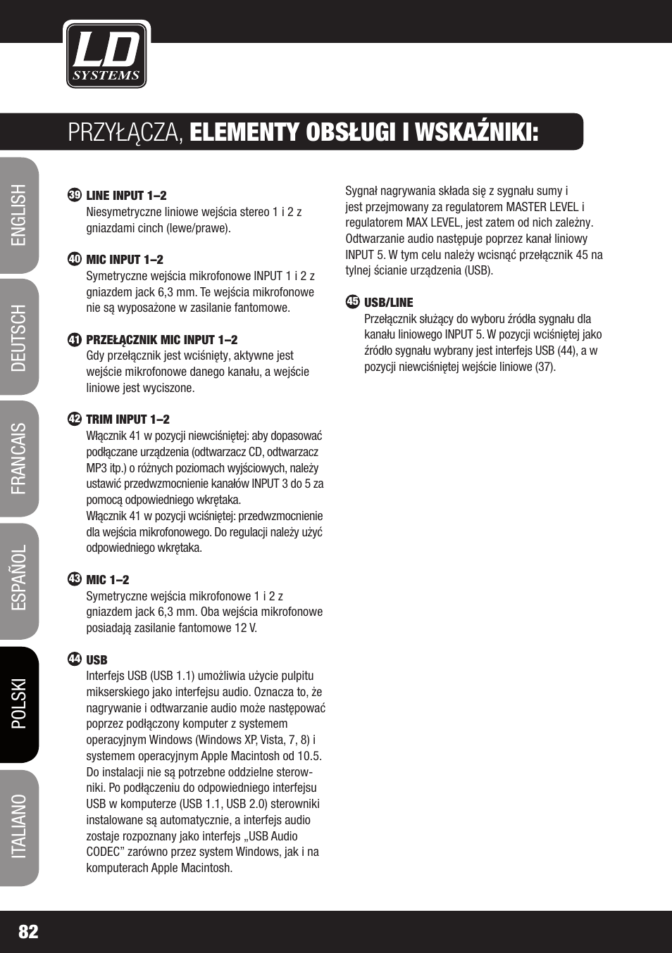 Przyłącza, elementy obsługi i wskaźniki | LD Systems ZONE 622 User Manual | Page 82 / 112