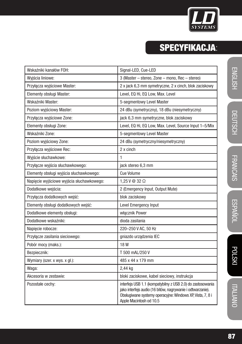 Specyfikacja | LD Systems ZONE 622 User Manual | Page 87 / 112