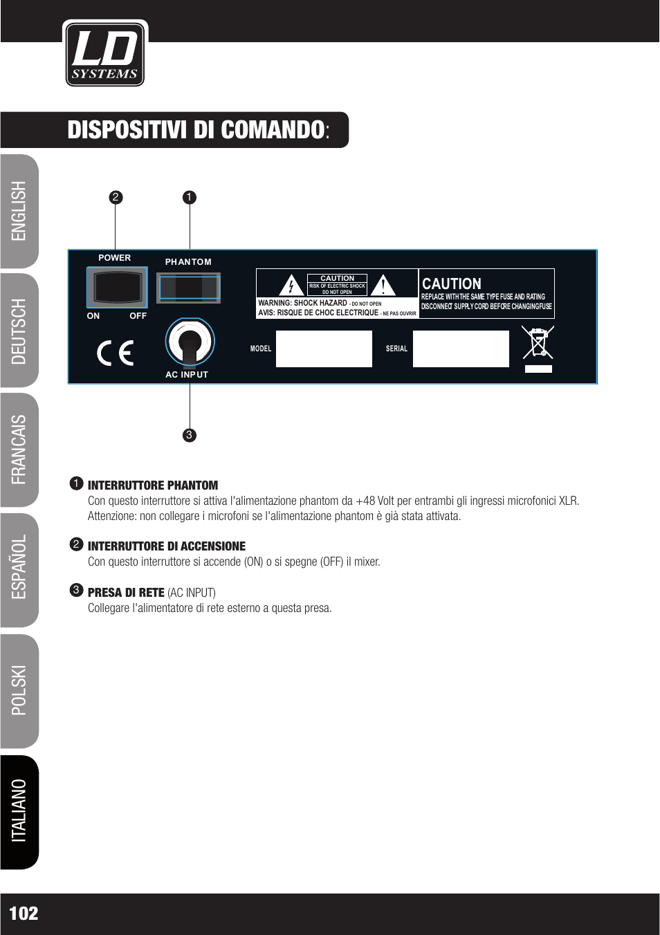 Dispositivi di comando, Caution | LD Systems LAX 6 D User Manual | Page 102 / 110
