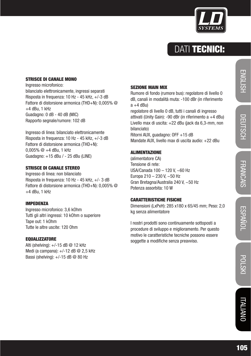 Dati tecnici | LD Systems LAX 6 D User Manual | Page 105 / 110