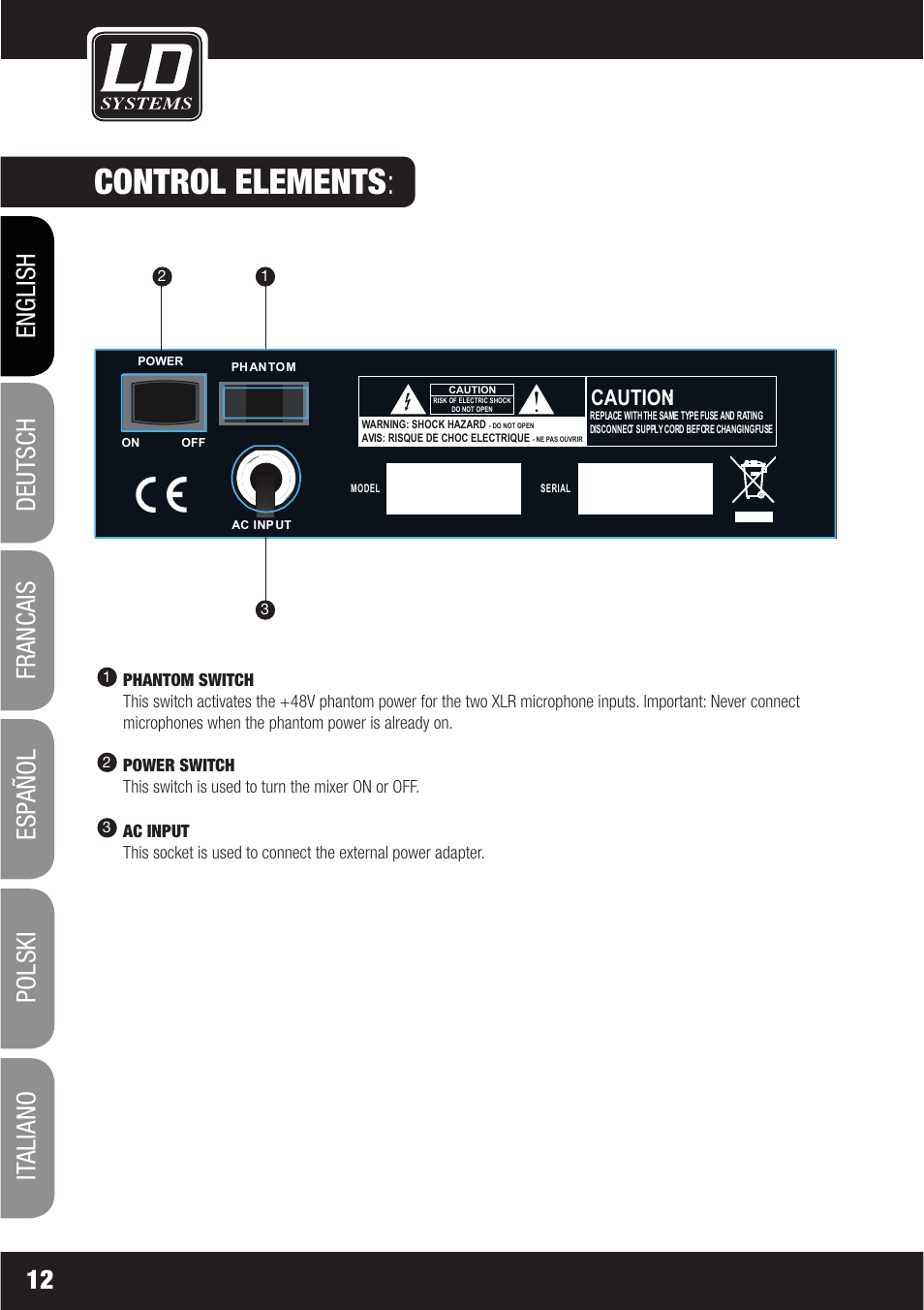 Control elements, Caution | LD Systems LAX 6 D User Manual | Page 12 / 110