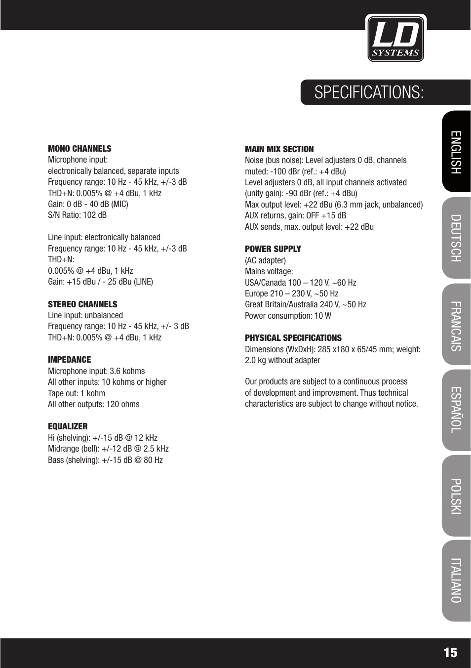 Specifications | LD Systems LAX 6 D User Manual | Page 15 / 110