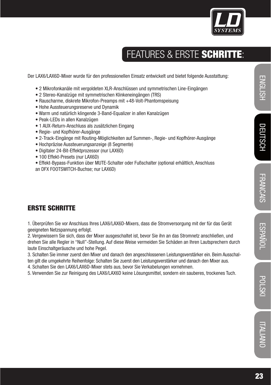 Features & erste schritte | LD Systems LAX 6 D User Manual | Page 23 / 110