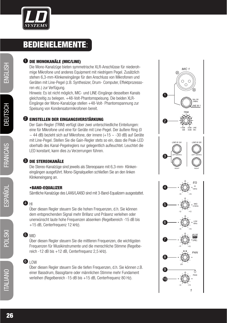 Bedienelemente | LD Systems LAX 6 D User Manual | Page 26 / 110
