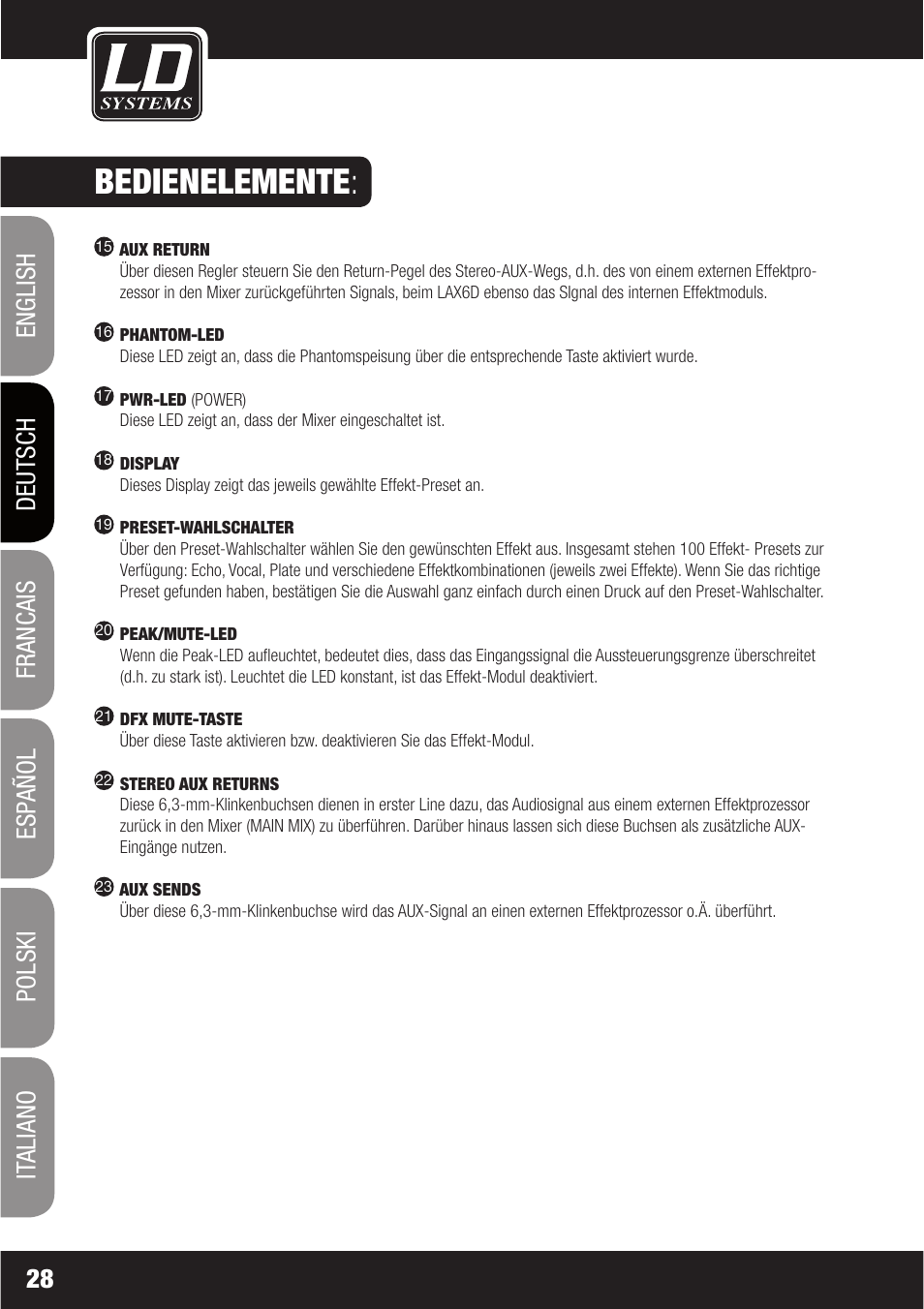 Bedienelemente | LD Systems LAX 6 D User Manual | Page 28 / 110